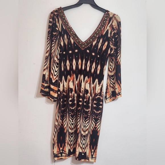 FIT N FLAIR Animal TRIBAL Dress Short STRETCHY embellished Beaded V NECKLINE Med - Picture 2 of 11